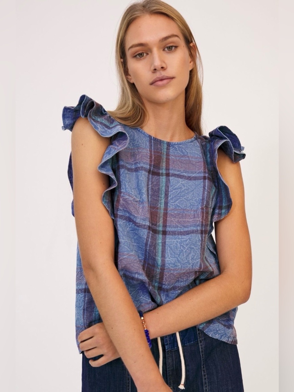 Anthropologie Amarette Ruffled Blouse
In Blue Plaid